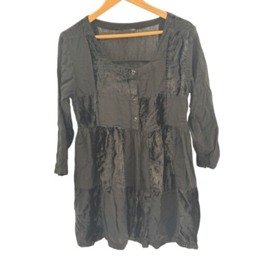 Black Velvet Babydoll Dress Sheer Women Medium 3/4 Sleeve Witchy Whimsigoth